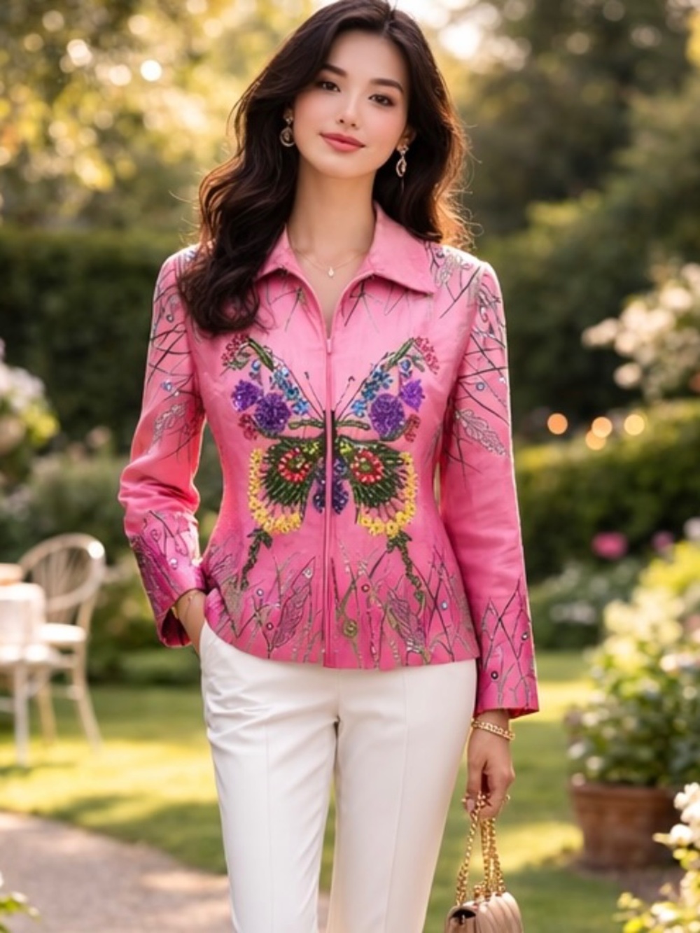 Vtg Anage Ombre Pink Silk Embroidered & Beaded Butterfly Jacket Sz M Arty Unique